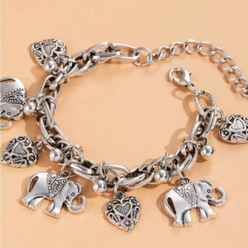 Silver Elephant & Heart Charm Anklet - Women's Jewelry - Picture 2 of 5